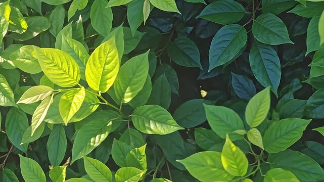 Bright sunlight illuminates a dense cluster of vibrant green leaves