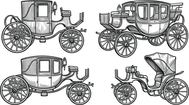 Vintage Horse Drawn Carriage Collection Vector Illustration Featuring Detailed Antique Royal Chariots and Brougham Coaches in Classic Woodcut Engraving Style