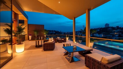Fototapeta premium Luxury modern terrace with sleek gold elements, premium stone tiles, dramatic lighting