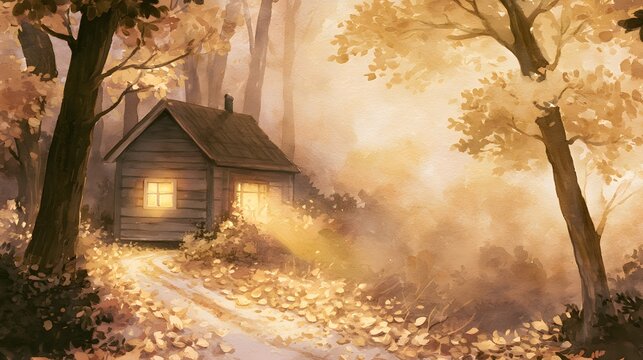 Cozy cabin illustration autumn forest tranquility serene landscape warm inviting cinematic scene artistic concept
