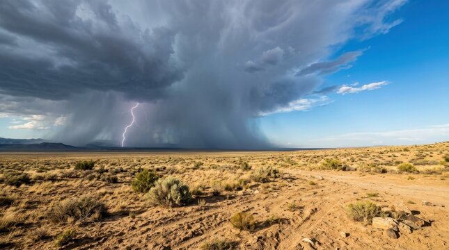 Massive Supercell Storm Cloud Discharging Electrical Thunderbolt over Barren Countryside