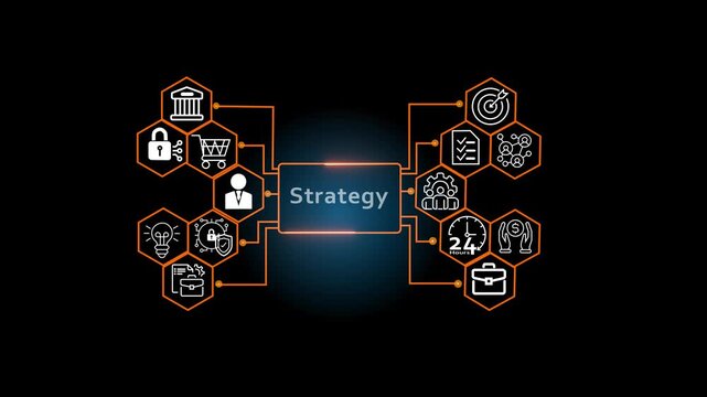 business strategy and technology concept animation on dark background,hexagon infographic showing business strategy flow.futuristic business strategy concept animation on black background.