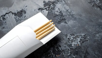 Palillos chinos de madera parcialmente extraídos de un estuche blanco sobre una superficie oscura de textura mineral © EBG Stock Studio