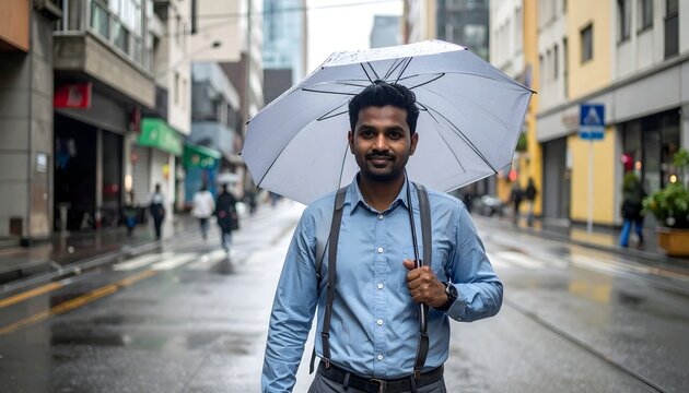 Hombre caminando bajo la lluvia con paraguas transparente en una calle urbana mojada