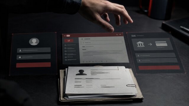 Digital Interface with User Profiles, Email, and Financial Transactions Displayed on Transparent Screens for a Modern Cyber Environment