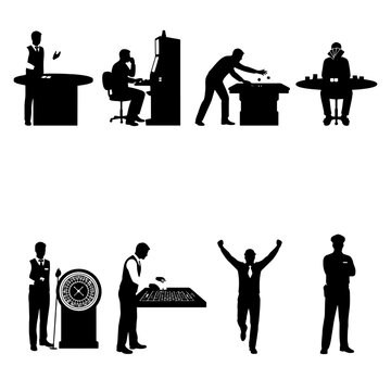 Collection of casino and gambling silhouettes featuring roulette, slot machine player, poker dealer, gaming table, casino staff, and winner celebration. Perfect for casino, entertainment, gaming