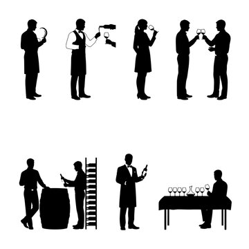 Collection of wine tasting and sommelier silhouettes featuring waiters, restaurant staff, wine experts, guests tasting wine, and hospitality service scenes. Ideal for restaurant, winery, bar, catering