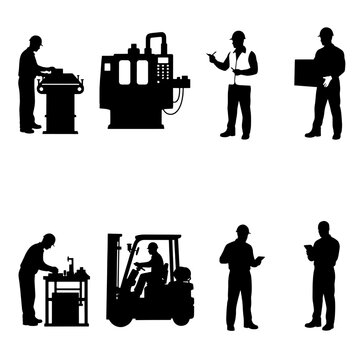 Collection of industrial worker silhouettes featuring manufacturing, factory machinery, forklift operator, warehouse staff, and production workers. Perfect for industrial, engineering, logistics