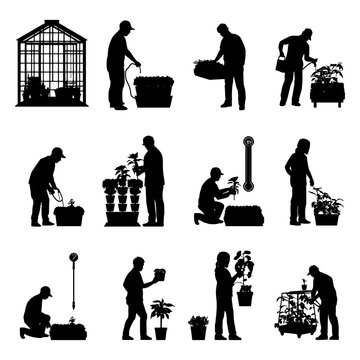 Collection of gardener silhouettes featuring greenhouse work, planting, watering, potting, and plant care activities. Perfect for gardening, horticulture, agriculture, landscaping, and botanical