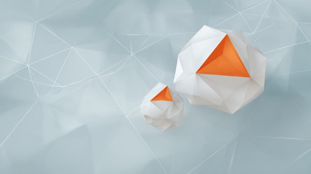 Abstract low poly geometric shapes with orange accents on light blue network wireframe background