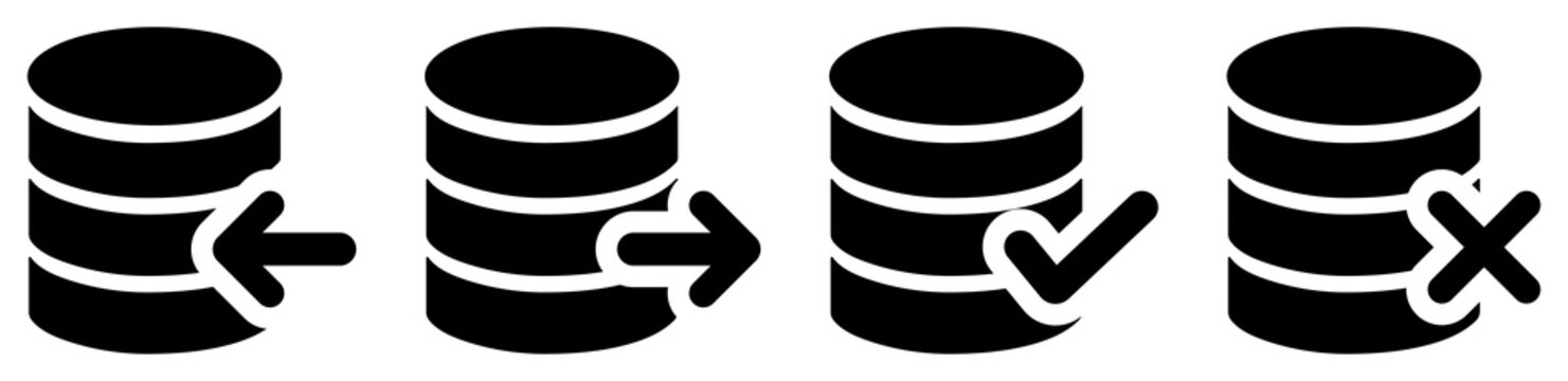 Database workflow icon set in solid black style. Data management icons for import, export, synchronization, web and mobile interfaces, admin dashboards and applications.