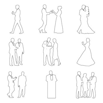 Collection of business event outline figures featuring networking, presentations, formal meetings, and social interactions. Perfect for corporate, conference, office, and infographic design projects.
