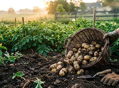 A farmer harvesting fresh potatoes from the soil in a garden at sunset.