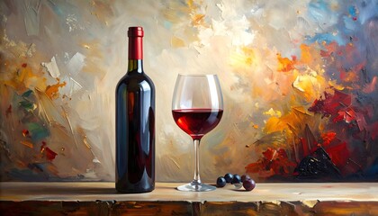 Botella de vino tinto y copa con vino sobre mesa de madera frente a un fondo artístico abstracto de colores cálidos © EBG Stock Studio