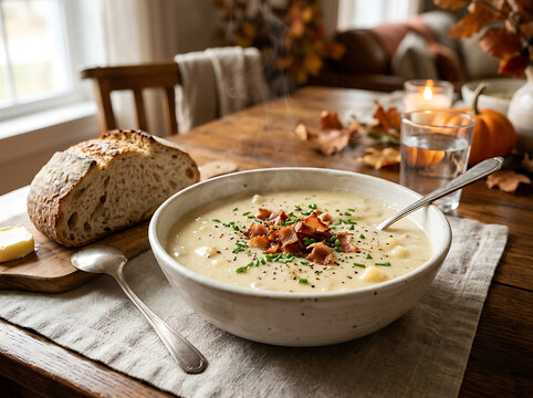 A rustic bowl of creamy potato soup topped with crispy bacon and fresh chives served with crusty bread.