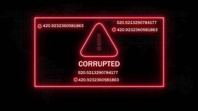 Cyber security alert warning sign with corrupted data system error message featuring glowing neon red digital interface and abstract mathematical coordinates for high-tech network failure concepts