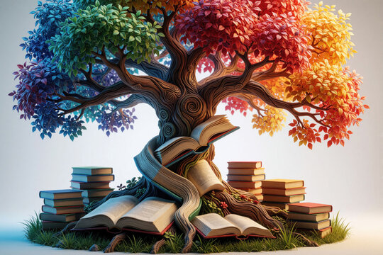 Abstract tree with colorful leaves entwined with open books symbolizing knowledge growth. Stacked books at base suggest learning foundation. Whimsical artwork ideal for educational themes.