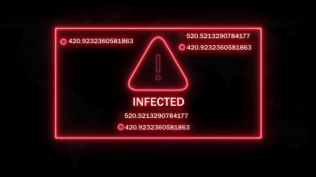 Cybersecurity warning interface featuring a glowing red neon infected system alert with dynamic digital data streams and rapidly changing numerical code sequences for advanced network security