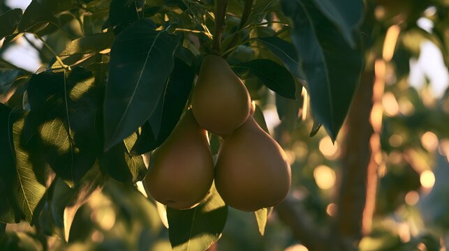 Sunlit pears on a branch evoke peaceful autumn days and organic beauty in this serene landscape image