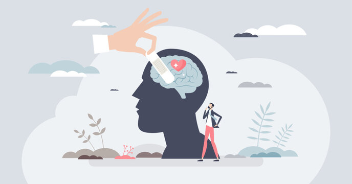 Psychological first aid support, head silhouette shows brain and heart as a hand places a bandage, symbolizing calm care and recovery, objects, brain, bandage, hand. Tiny style