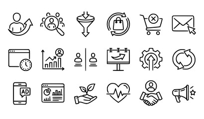 Fototapeta premium Digital Marketing and Customer Retention Line Art Icon Set with Conversion Funnel Cart Abandonment Billboard Advertising and Business Growth Vector Illustrations