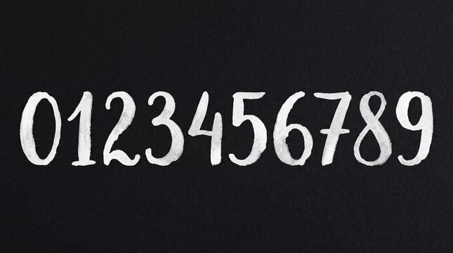 Hand-drawn white chalk numbers zero through nine arranged on a textured black background.