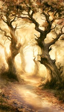 Serene autumn forest path lined by ancient oaks bathed in golden hour light illustration
