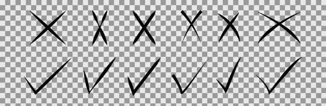 Black Check and cross set vector. Yes-No, Approved-Disapproved, Accepted-Rejected, Right-Wrong symbol. Tick and cross checkmarks on transparent background. Tick and cross icons . Vector illustration.