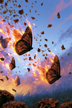 Glowing Butterflies Rising Through Windswept Petals