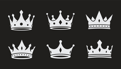 A collection of elegant white royal crowns and tiara icons set on a calm dark black background. © Moahmmad