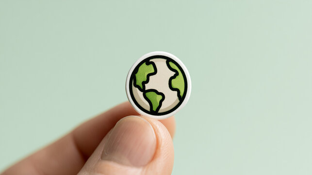 Hand holding small paper planet earth sticker against soft green pastel background

