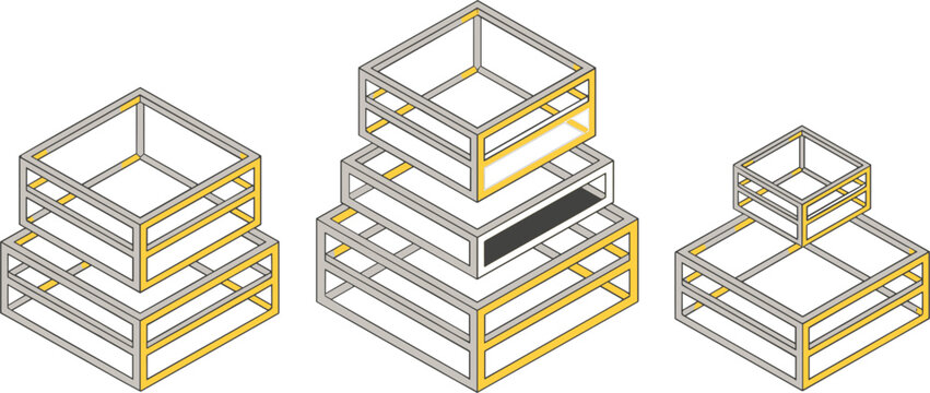 Abstract isometric wireframe blocks stacked in geometric layers, modern architectural infrastructure structure design vector illustration set