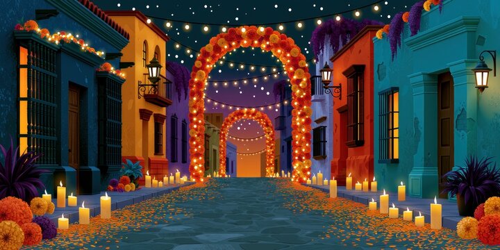 Festive Marigold Arches Illuminating Colonial Street