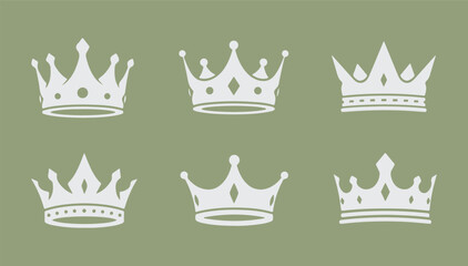 A collection of elegant white royal crowns and tiara icons set on a calm sage green background. © Moahmmad