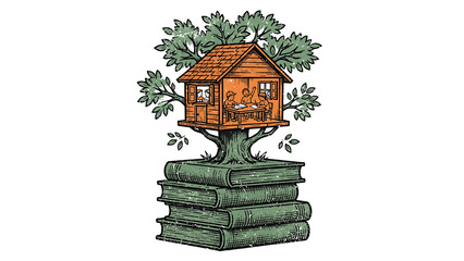 Whimsical Illustration of a Treehouse Growing from a Stack of Books Symbolizing Knowledge and Imagination © Dezayn