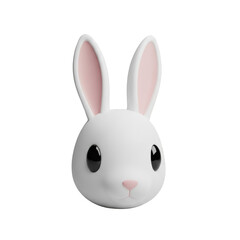 Fototapeta premium White minimalist rabbit head with black oval eyes and pink inner ears on a seamless transparent background in a three-quarter view minimalist product design concept