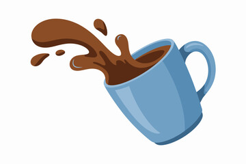 Una taza de cerámica azul derramando café marrón caliente con salpicaduras líquidas dinámicas aislada sobre un fondo blanco