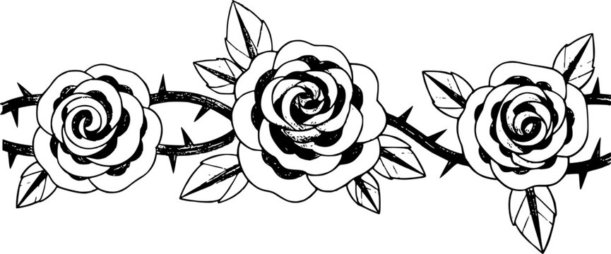 Una l&iacute;nea en blanco y negro que presenta un borde horizontal de tres rosas floreciendo con espinas afiladas
