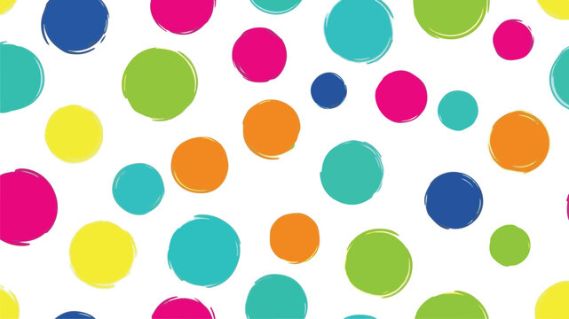 A vibrant seamless pattern of colorful hand-painted polka dots and circles set on a white background.