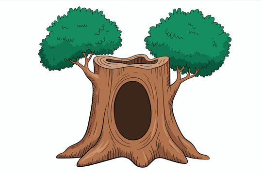 Un dibujo animado de un gran tronco de &aacute;rbol con un hueco y ramas verdes con hojas en ambos lados