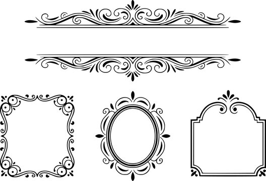 Una colecci&oacute;n de marcos decorativos vintage en blanco y negro y un conjunto de bordes caligr&aacute;ficos ornamentados