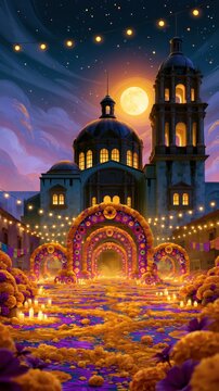 Marigold Arches Leading Toward Moonlit Colonial Church
