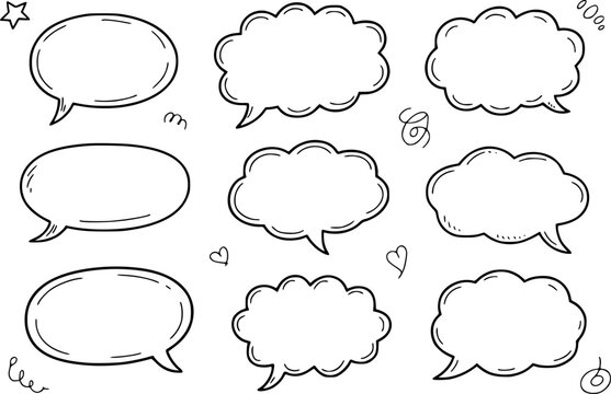 Una colecci&oacute;n de burbujas de di&aacute;logo y nubes de pensamiento dibujadas a mano para c&oacute;mics y comunicaci&oacute;n creativa