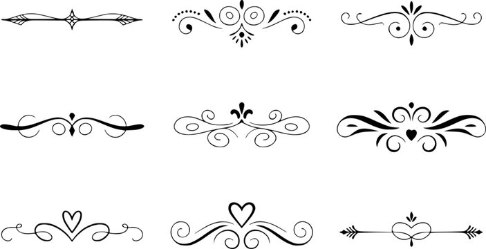 Una colecci&oacute;n de nueve florituras decorativas y divisores caligr&aacute;ficos dibujados a mano para proyectos