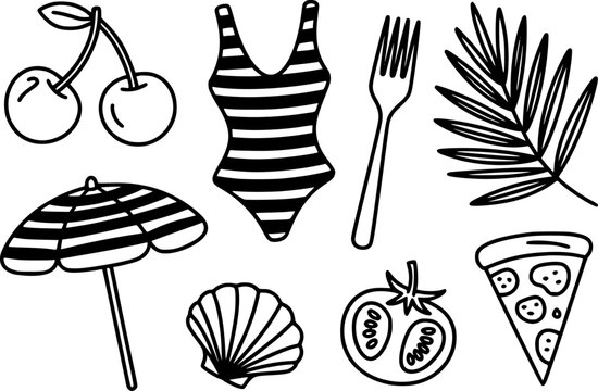 Una colecci&oacute;n de garabatos de verano dibujados a mano en blanco y negro con temas de playa y comida para