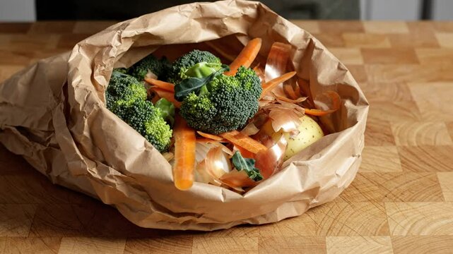Chef adding fresh broccoli florets to a compostable paper bag filled with vegetable scraps on a wooden cutting board