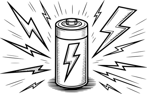 Un dibujo en blanco y negro hecho a mano de una potente bater&iacute;a el&eacute;ctrica rodeada de rayos energ&eacute;ticos