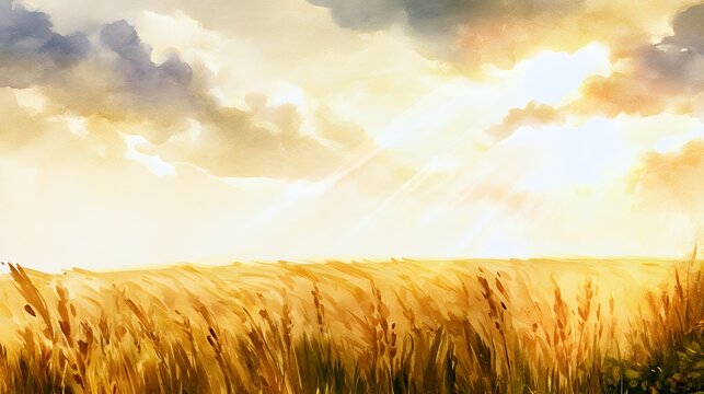 Golden wheat field sunset illustration tranquil landscape abundance cinematic warm light serene panoramic view stock art