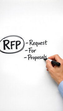 Person writing on whiteboard with marker for business purposes. Request for proposal marker at workspace.