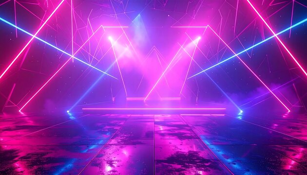 Futuristic neon light stage background with glowing pink and blue laser beams abstract cyber podium show concept